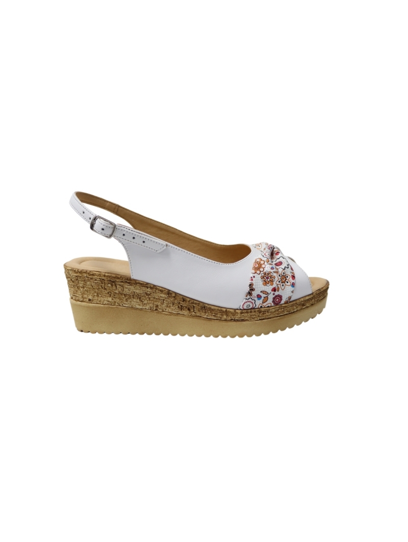 Sandale cu platforma albe cu floricele Amore50, Piele Naturala