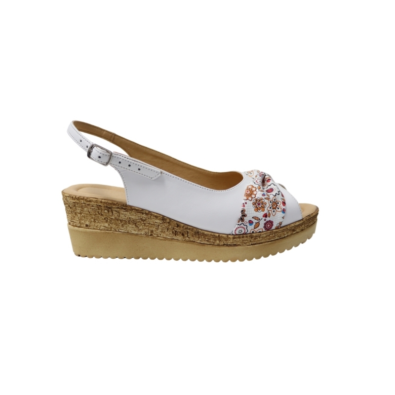 Sandale cu platforma albe cu floricele Amore50, Piele Naturala
