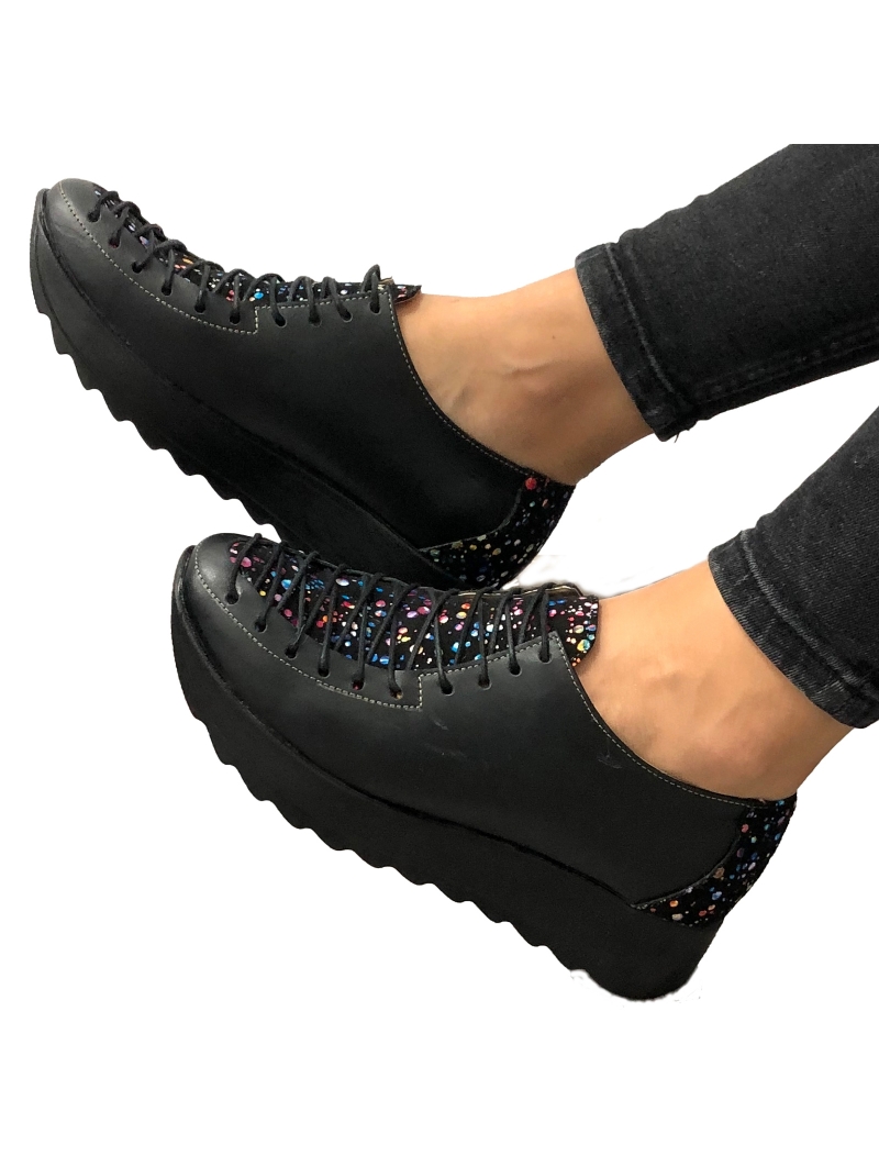 Pantofi dama sport cu siret negri cu imprimeu multicolor