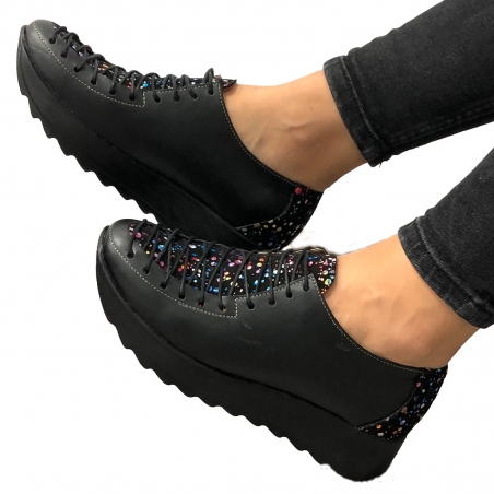 Pantofi dama sport cu siret negri cu imprimeu multicolor