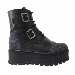 Bocanci Femei Negri cu Glitter cu Platforma, Siret si Fermoar Amanda, Piele Naturala