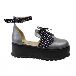 Sandale Inchise in Fata Gri cu Buline, Platforma, Catarama si Siret Amanda, Piele Intoarsa