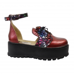 Sandale Inchise in Fata Fara Toc Rosii cu Imprimeu Multicolor, Platforma, Catarama si Siret Amanda, Piele Intoarsa