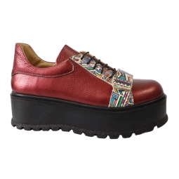 Pantofi Dama Rosii cu Talpa Groasa Amanda si Bareta, Piele Naturala, Imprimeu Colorat