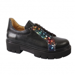 Pantofi Negrii Dama cu Talpa Inalta Diana, cu Siret si Imprimeu Colorat, din Piele Naturala