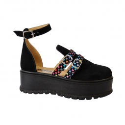 Sandale Femei, cu Platforma Amanda si Catarame, Piele Intoarsa Neagra si Imprimeu Colorat