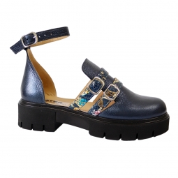 Sandale Inchise in Fata, din Piele Naturala, cu Barete si Talpa Inalta Diana, Albastre cu Imprimeu Floral