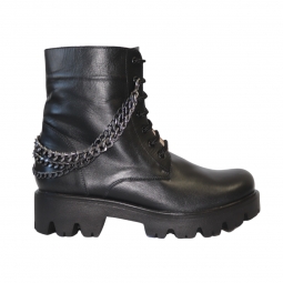 Ghete Negre Dama Talpa Inalta, Gri, cu Fermoar, Siret si Lant, Piele Naturala