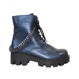 Ghete Piele Naturala cu Talpa Inalta, Albastre, cu Siret, Fermoar si Lant