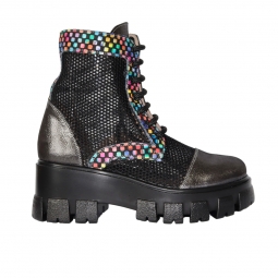 Ghete Gri Lucios din Piele Naturala, cu Plasa si Imprimeu Colorat, Platforma Melania