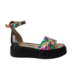 Sandale Dama din Piele Naturala, Imprimeu Colorat, Talpa Inalta si Catarama