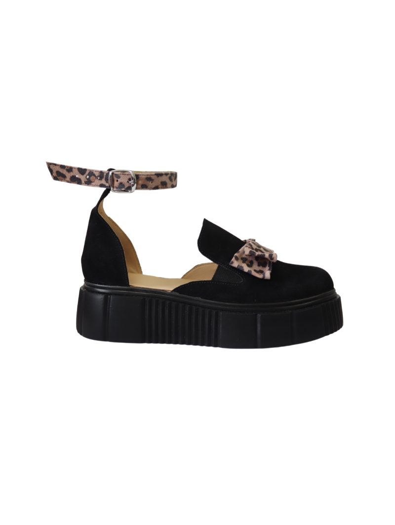 Sandale Inchise, cu Plarforma Giulia, din Piele Naturala, Negru Velur cu Imprimeu Leopard