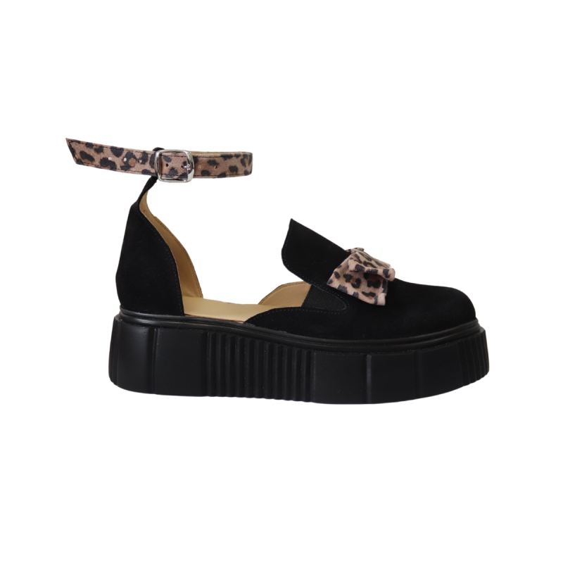 Sandale Inchise, cu Plarforma Giulia, din Piele Naturala, Negru Velur cu Imprimeu Leopard