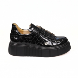 Pantofi Femei Negri Croco Lac cu Siret si Platforma Giulia, din Piele Naturala