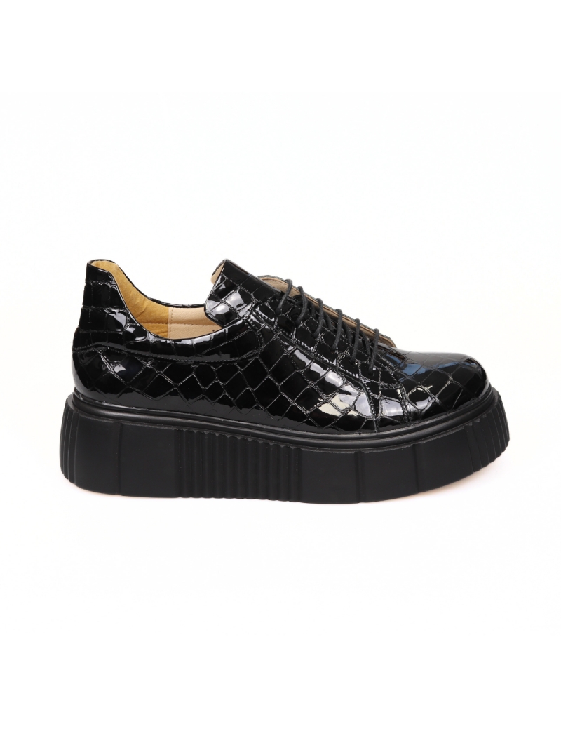 Pantofi Femei Negri Croco Lac cu Siret si Platforma Giulia, din Piele Naturala