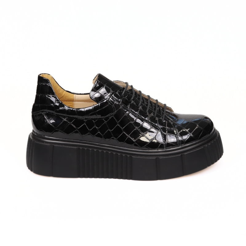 Pantofi Femei Negri Croco Lac cu Siret si Platforma Giulia, din Piele Naturala
