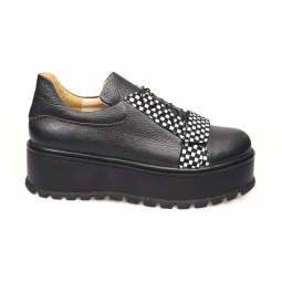 Pantofi Dama Negri cu Imprimeu Sah, Siret si Platforma Amanda, din Piele Naturala