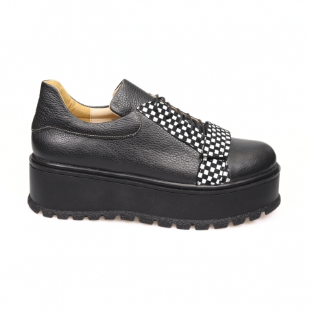 Pantofi Dama Negri cu Imprimeu Sah, Siret si Platforma Amanda, din Piele Naturala
