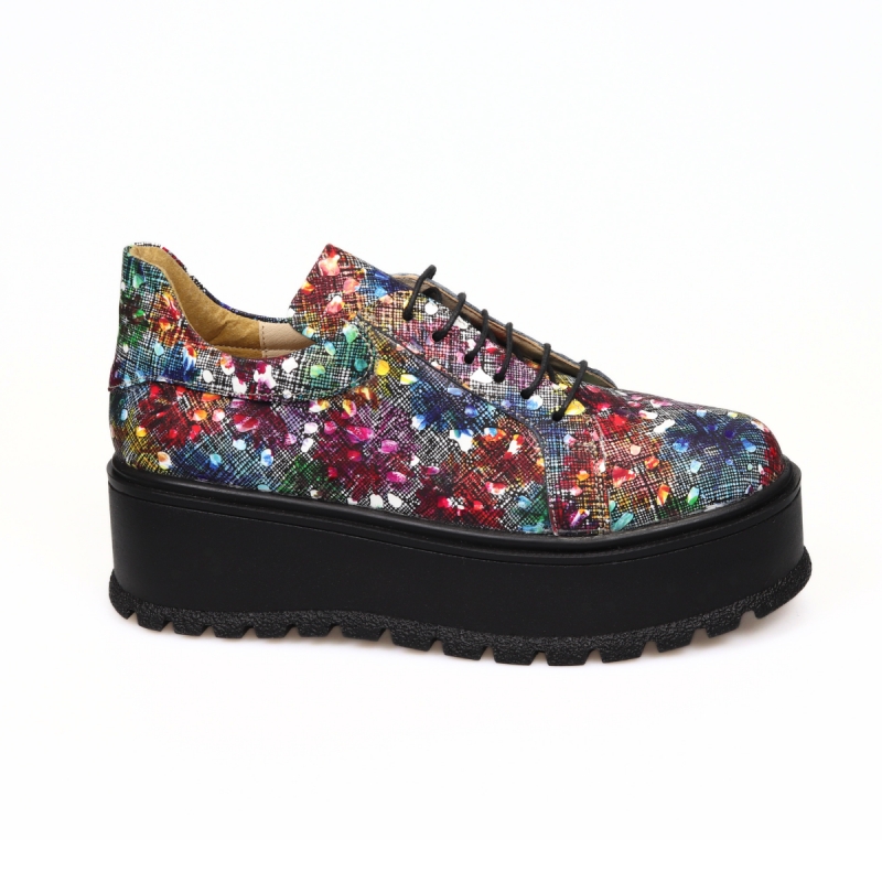 Pantofi Multicolori Dama din Piele Naturala, cu Siret si Talpa Inalta Amanda