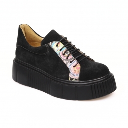 Pantofi cu Talpa Inalta Giulia, Femei, din Piele Naturala Neagra Velur si Imprimeu Colorat
