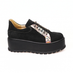 Pantofi Femei cu Platforma  Giulia, din Piele Naturala Neagra Velur si Imprimeu Colorat