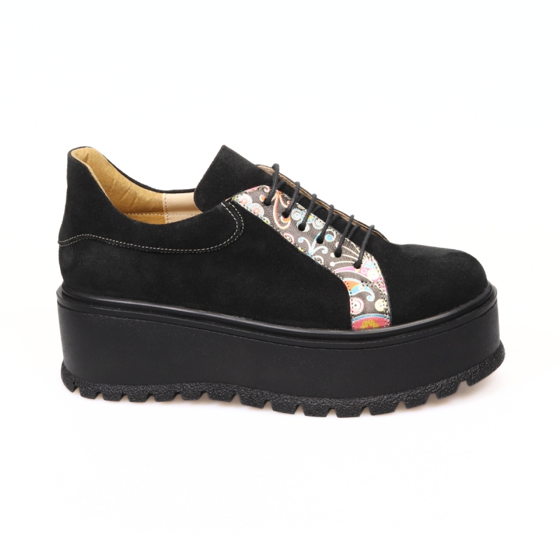 Pantofi Femei cu Platforma  Giulia, din Piele Naturala Neagra Velur si Imprimeu Colorat