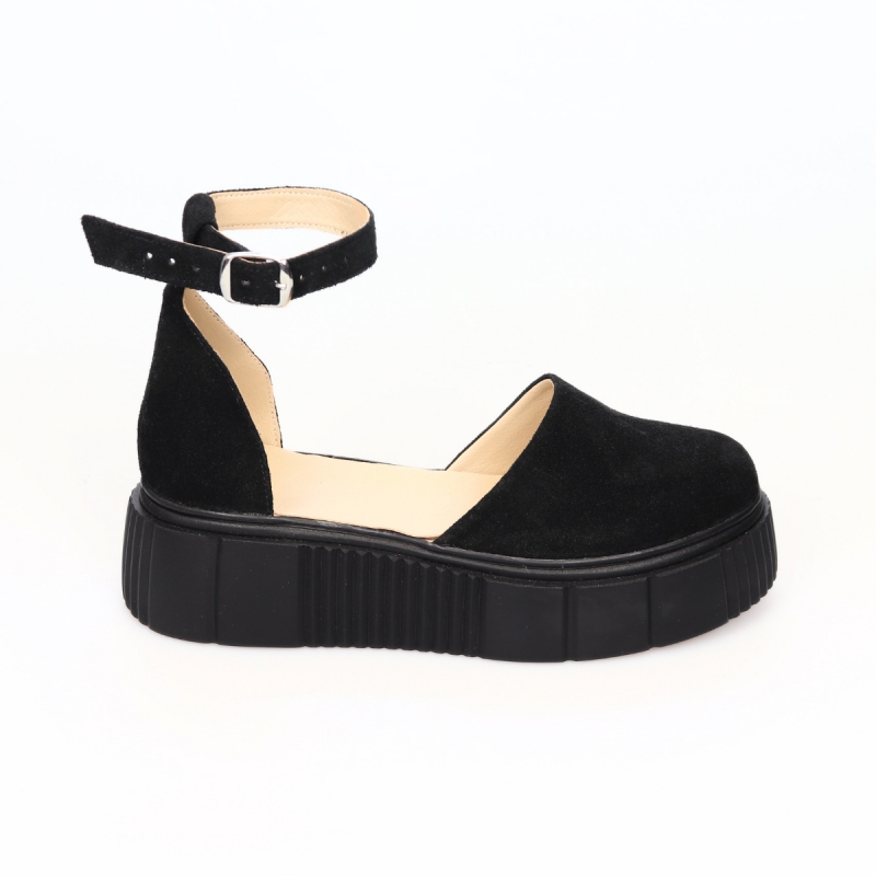 Sandale Negre cu Varf Inchis si Platforma Giulia din Piele Naturala Intoarsa, Femei