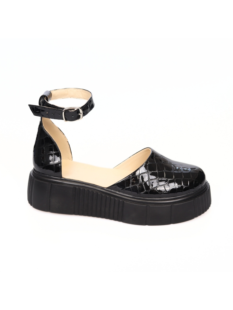 Sandale Piele Naturala cu Platforma Giulia si Varf Inchis, Negre Lac Imprimeu Crocodil, Femei