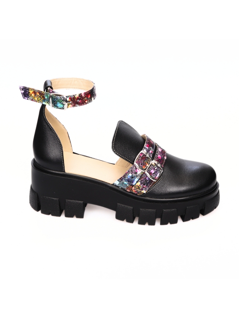 Sandale Femei, Negre cu Talpa Inalta Melania si Varf Inchis, Catarame si Imprimeu Colorate, Piele Naturala