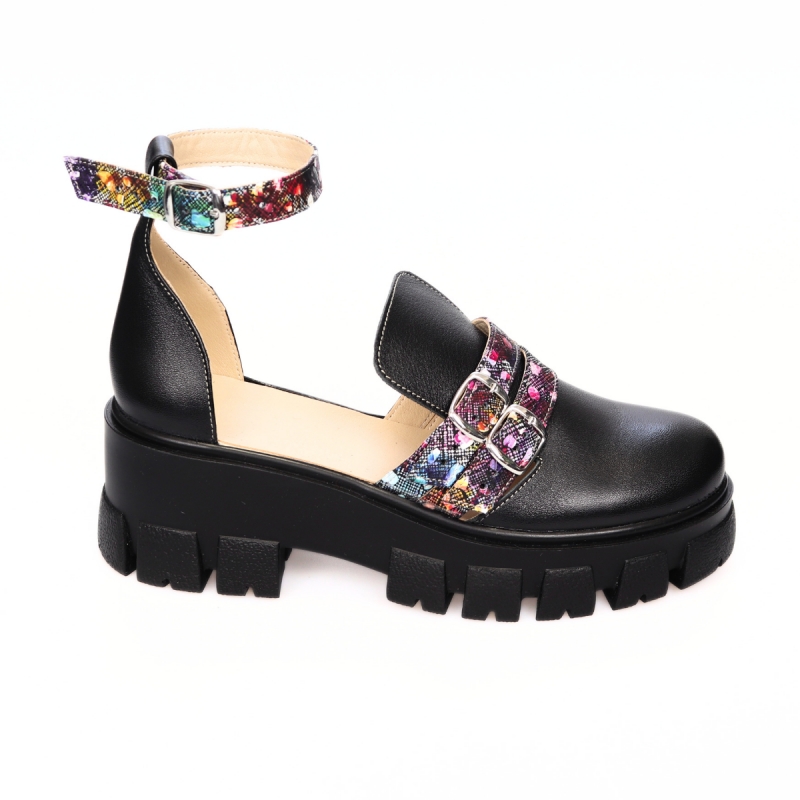 Sandale Femei, Negre cu Talpa Inalta Melania si Varf Inchis, Catarame si Imprimeu Colorate, Piele Naturala