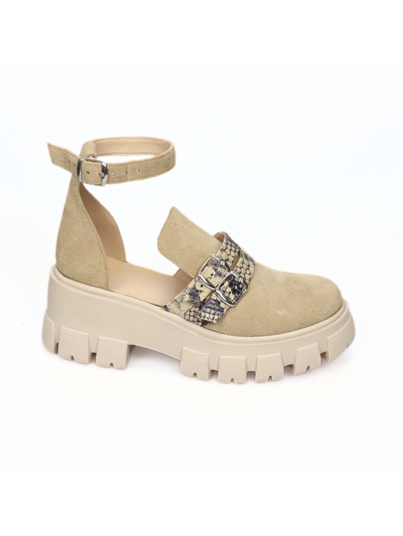 Sandale Nude cu Talpa Inalta Melania si Varf Inchis, din Piele Naturala Intoarsa cu Catarame Imprimeu Sarpe