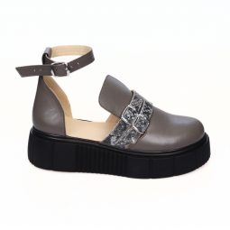 Sandale Talpa Inalta Giulia, Femei, cu Catarame Imprimeu Sarpe si Varf Inchis, Gri din Piele Naturala