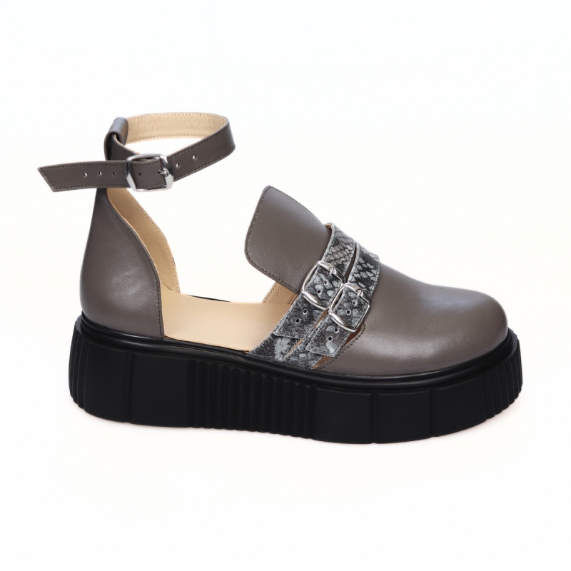 Sandale Talpa Inalta Giulia, Femei, cu Catarame Imprimeu Sarpe si Varf Inchis, Gri din Piele Naturala