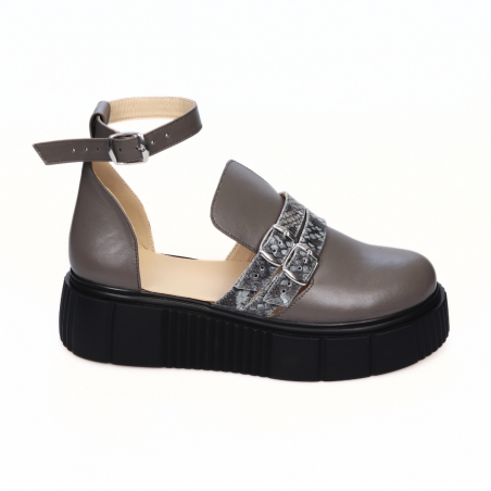 Sandale Talpa Inalta Giulia, Femei, cu Catarame Imprimeu Sarpe si Varf Inchis, Gri din Piele Naturala