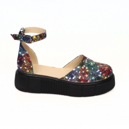Sandale cu Platforma Giulia si Varf Inchis din Piele Naturala cu Imprimeu Colorat Pictat, Femei