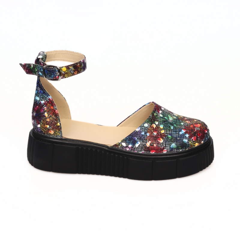 Sandale cu Platforma Giulia si Varf Inchis din Piele Naturala cu Imprimeu Colorat Pictat, Femei