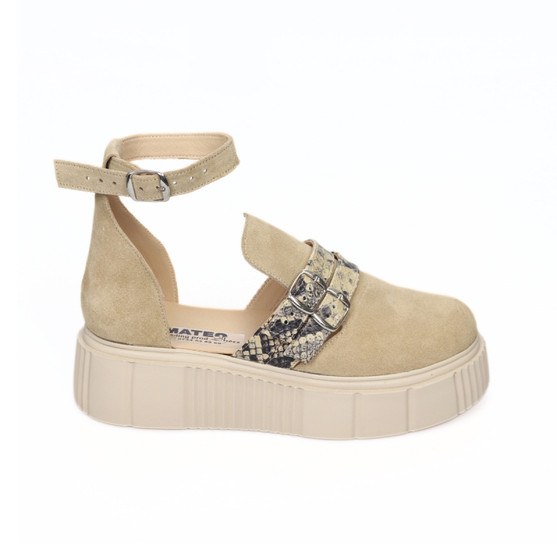 Sandale Femei cu Talpa Inalta Giulia si Varf Inchis, din Piele Intoarsa Nude cu Catarame Imprimeu Sarpe