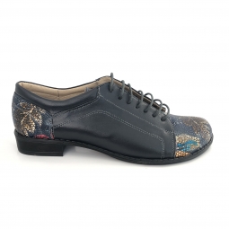 Pantofi dama albastri casual cu siret din piele naturala cu imprimeu floral